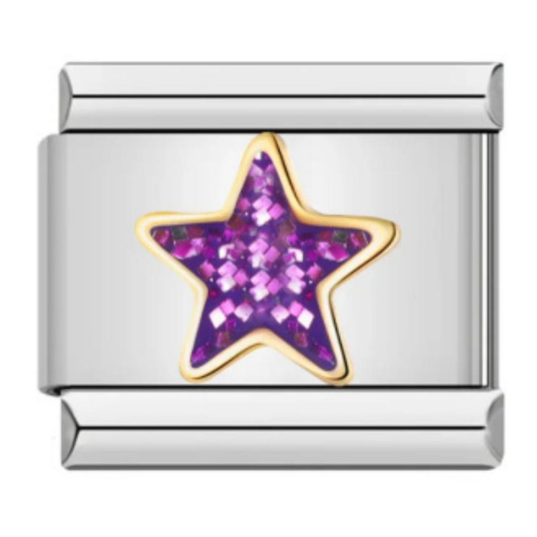 Charm estrella morada con brillos y borde dorado