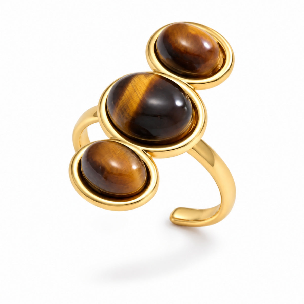 Savanna Ring - anillo dorado ajustable con tres piedras ojo de tigre