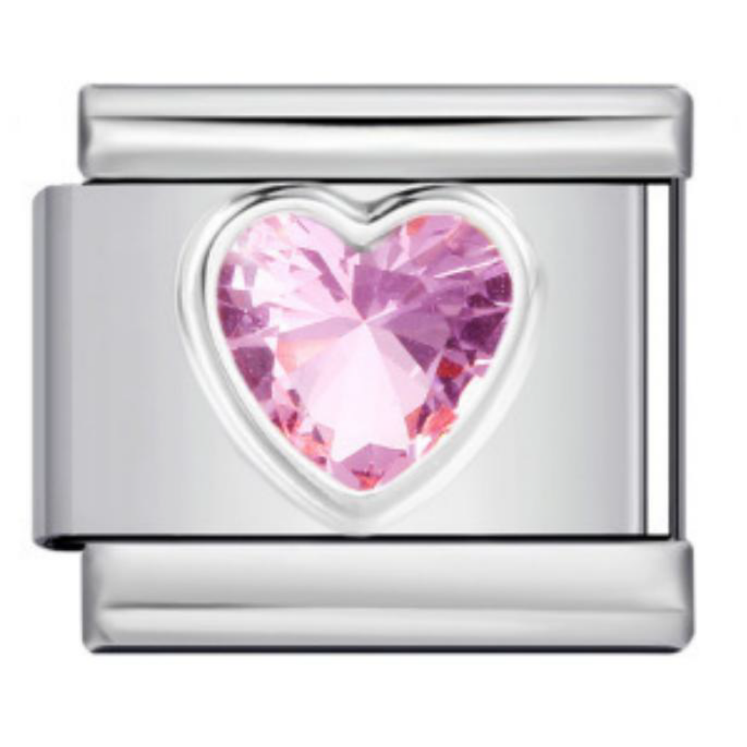 Charm corazón rosa de cristal plateado