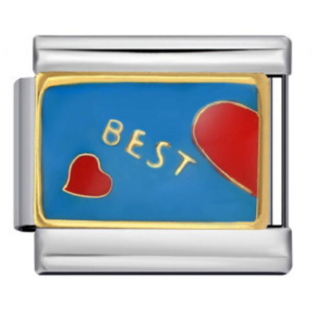 Charm Best azul con mitad de corazón rojo