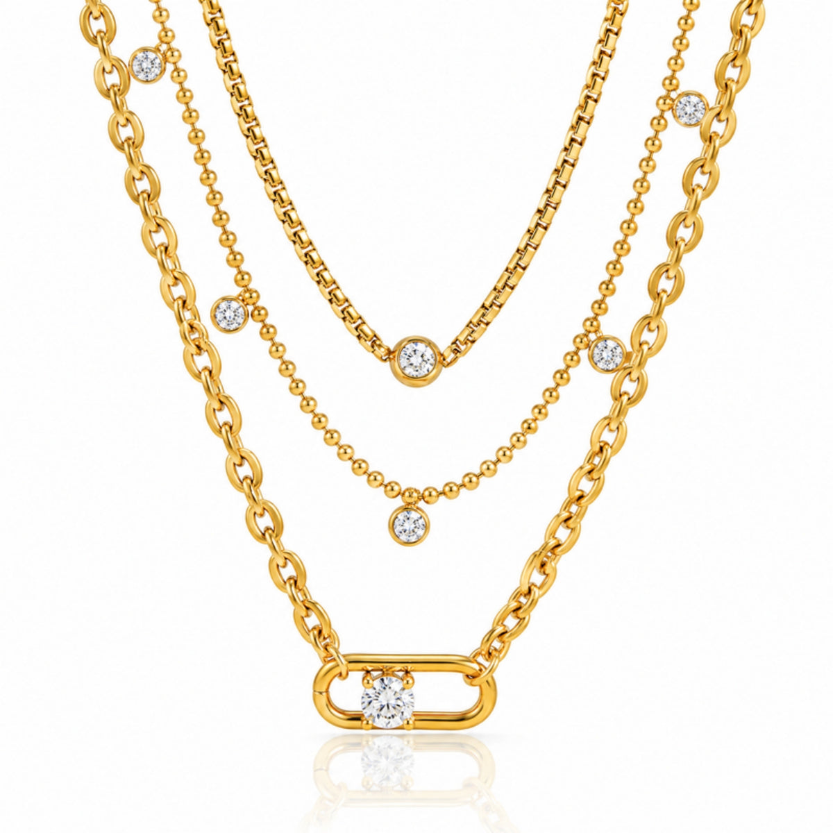 Trio Layered Necklace - collar dorado de tres capas con cristales
