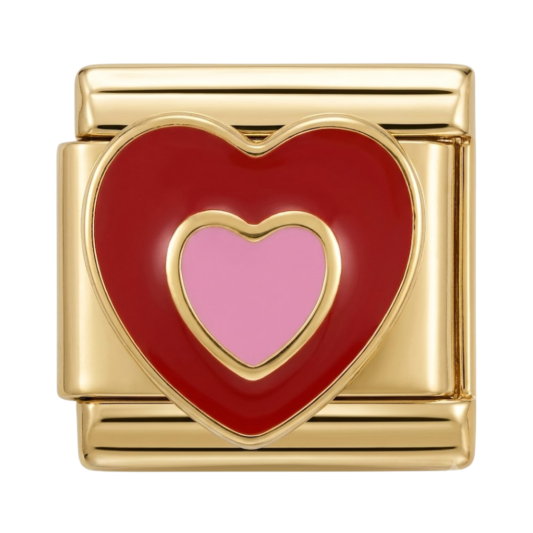 Charm Dorado Corazón Rojo y Rosa
