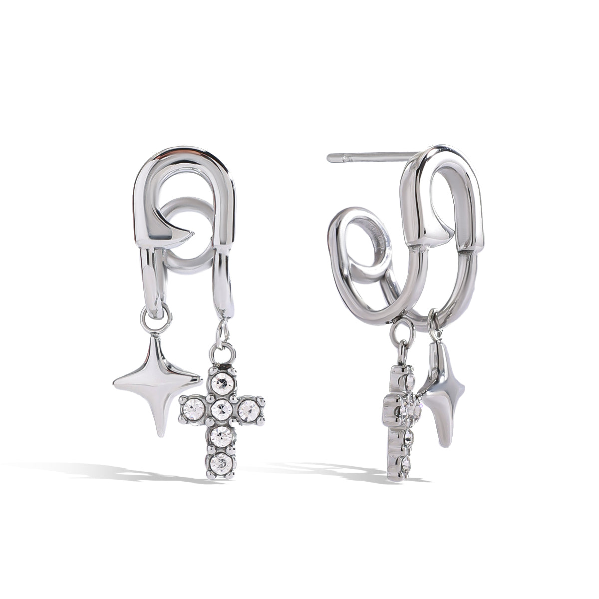 Aretes Plateados con Dijes de Estrella y Cruz
