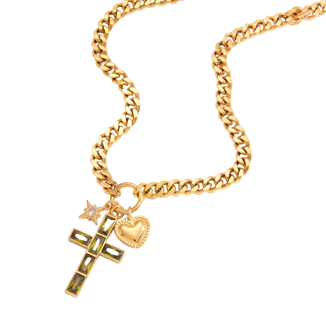 Collar Cubano con Cruz, Corazón y Estrella